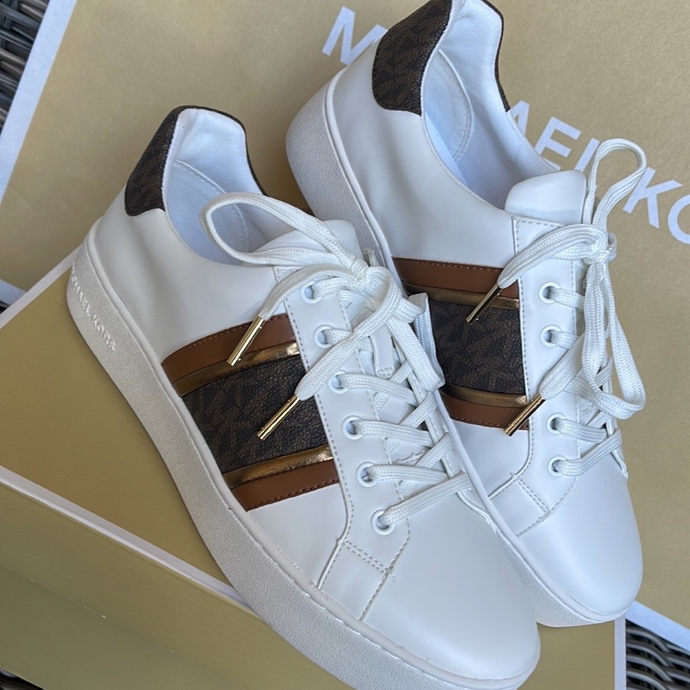 Michael Kors Poppy Stripe Lace Up Nappa Faux Leather WMNS Optic White/Brown - Picture 3 of 16